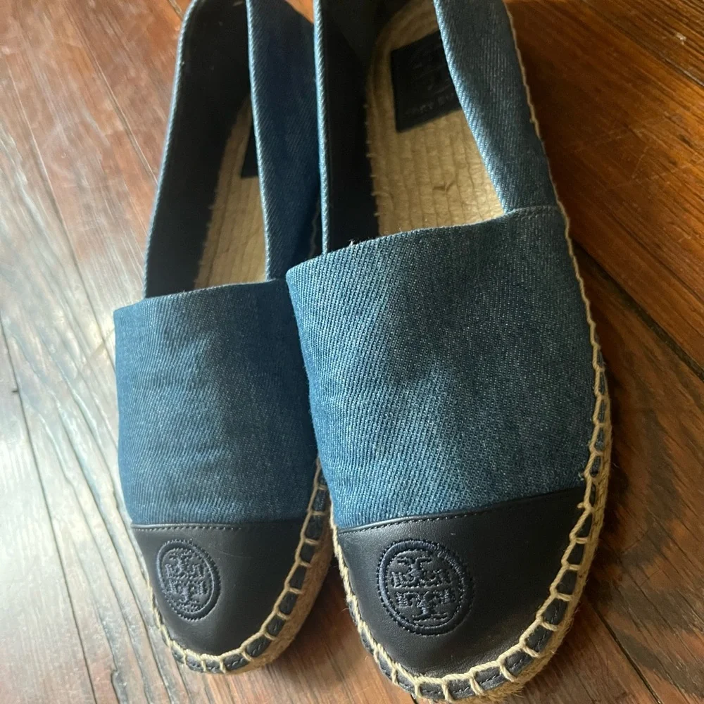 Tory Burch Blue Denim & Black Leather Espadrilles